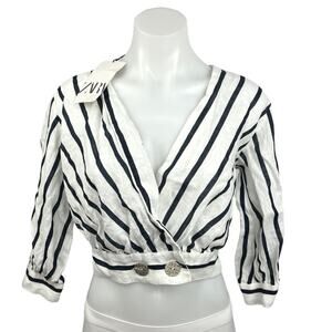Zara NWT White Striped 100% Linen V-Neck Wrap Balloon Sleeve Blouse Crop Top XS